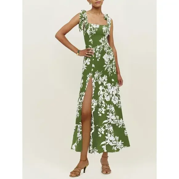 Reformation | Dresses | Reformation Floral Midi Dress Green Slit Smocked  Tie Strap Zip Short Sleeve Sz 8 | Poshmark